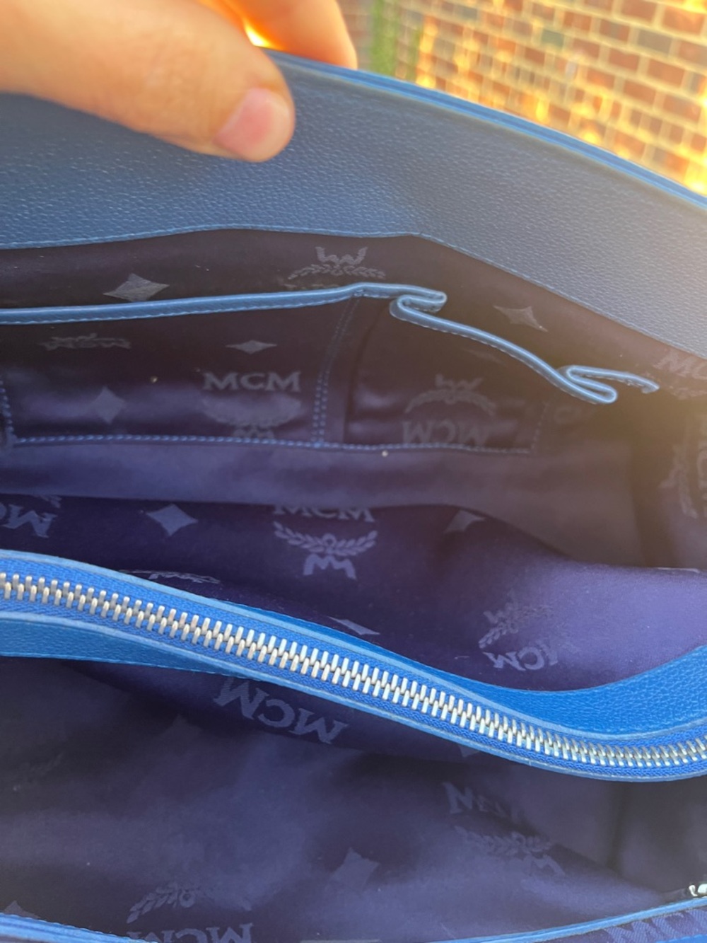 MCM  Blue Leather Satchel with Silver Hardware and end pockets - Picture 14 of 15